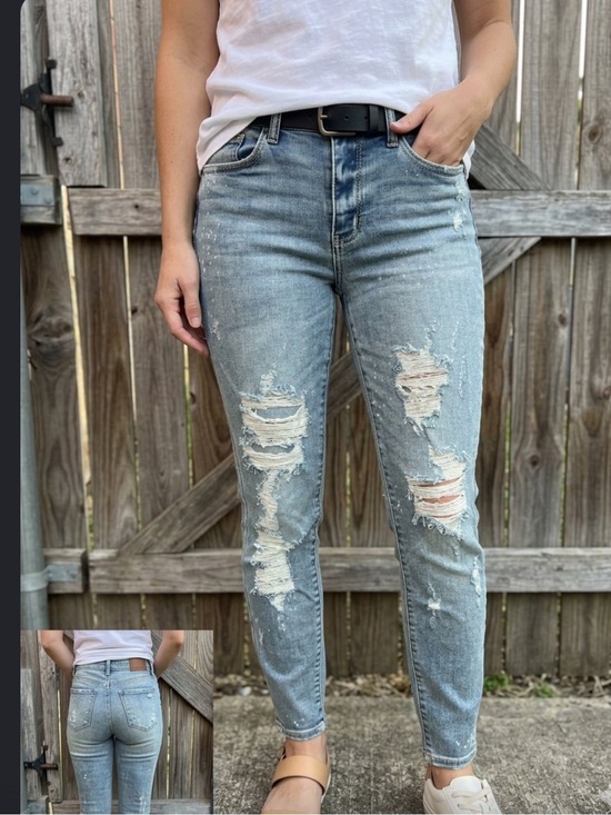 Judy Blue Denim - Judy Blue Distressed Light Blue paint splatter Skinny Jeans